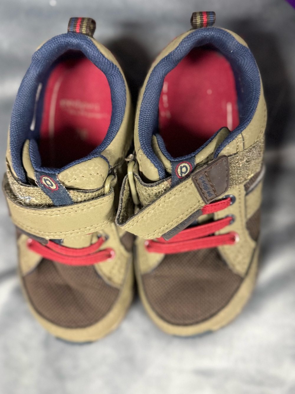 pediped Olive Brown Sneakers with Red and Navy Accents